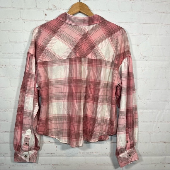 Sanctuary Bianca Plaid Flannel Shirt Womens Large Pink Cropped Casual NWT - Picture 6 of 11